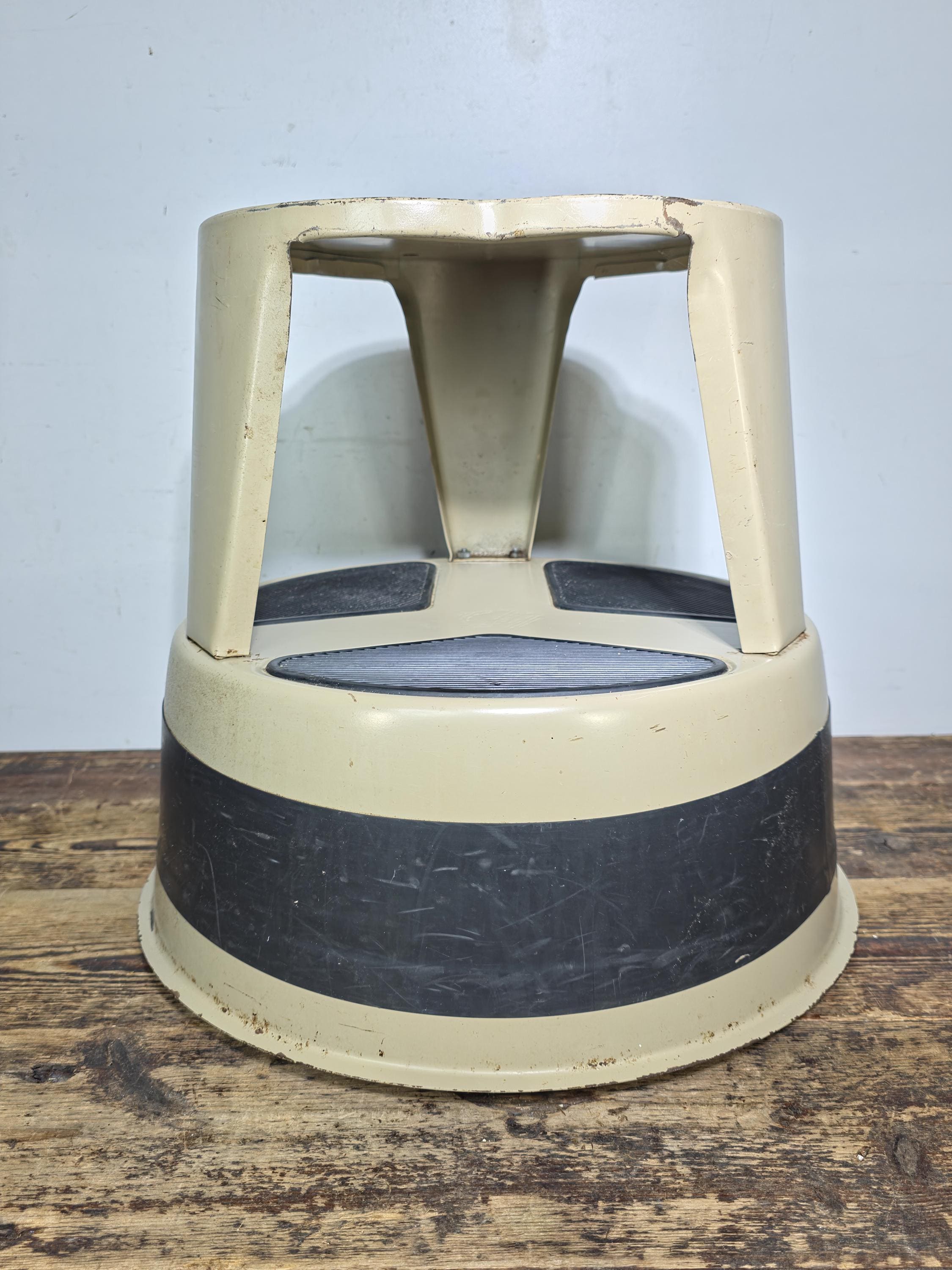 Vintage KIK-STEP Rolling Step Stool Beige Black Industrial 1980s USA