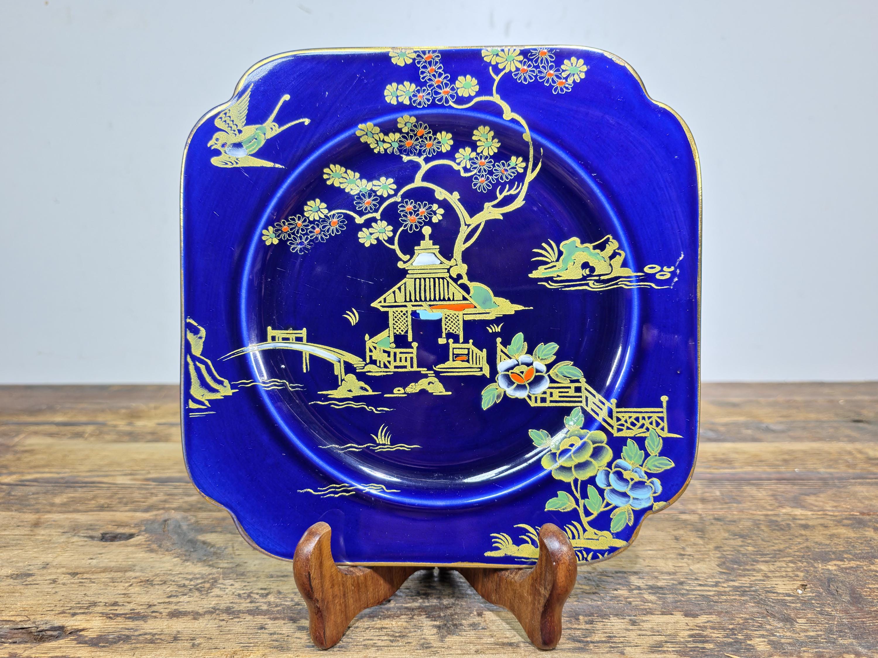 Burleigh Ware Cobalt Blue Gilt Cabinet Plates Set of 3 Crown Pottery England