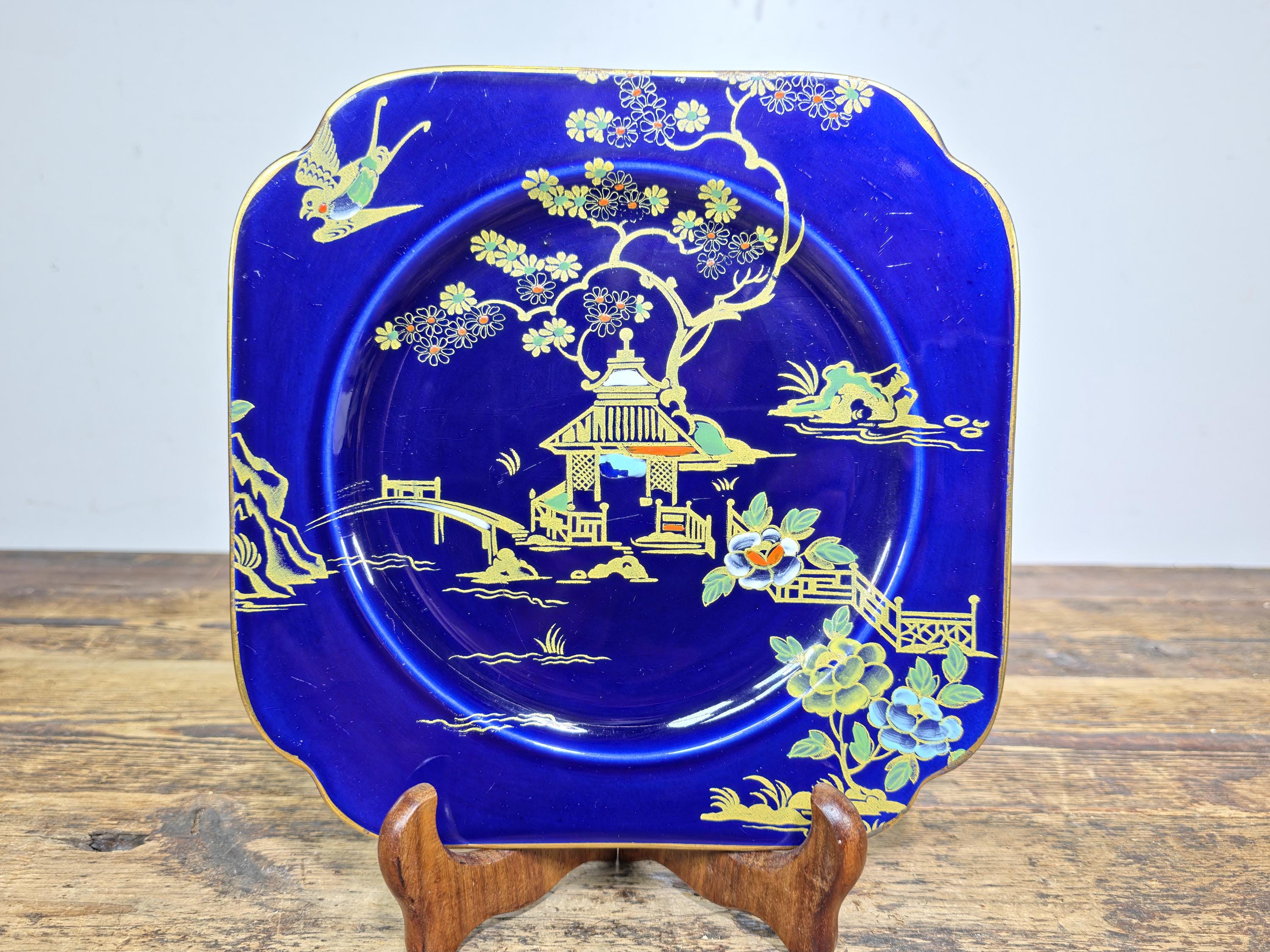 Burleigh Ware Cobalt Blue Gilt Cabinet Plates Set of 3 Crown Pottery England