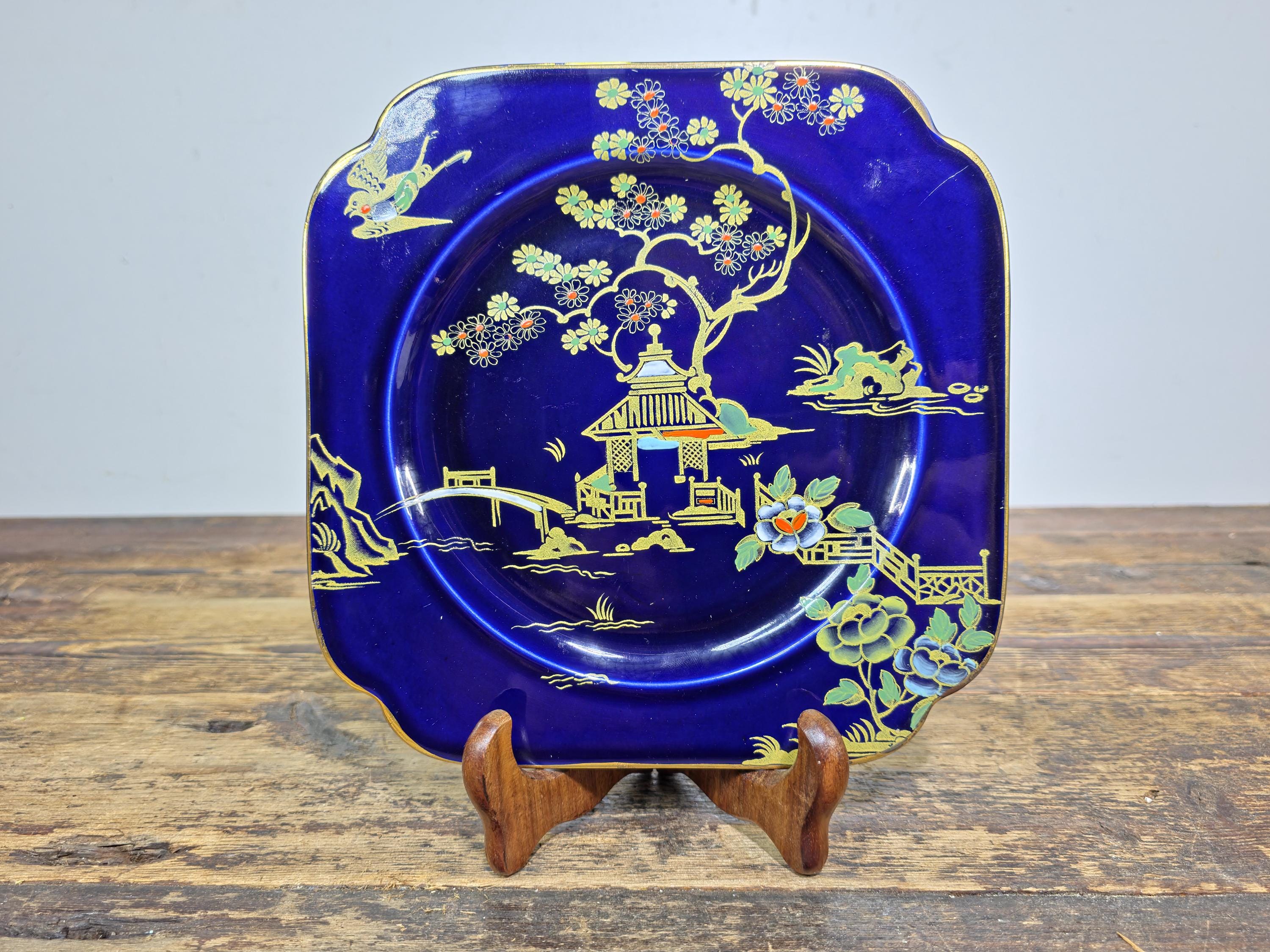 Burleigh Ware Cobalt Blue Gilt Cabinet Plates Set of 3 Crown Pottery England