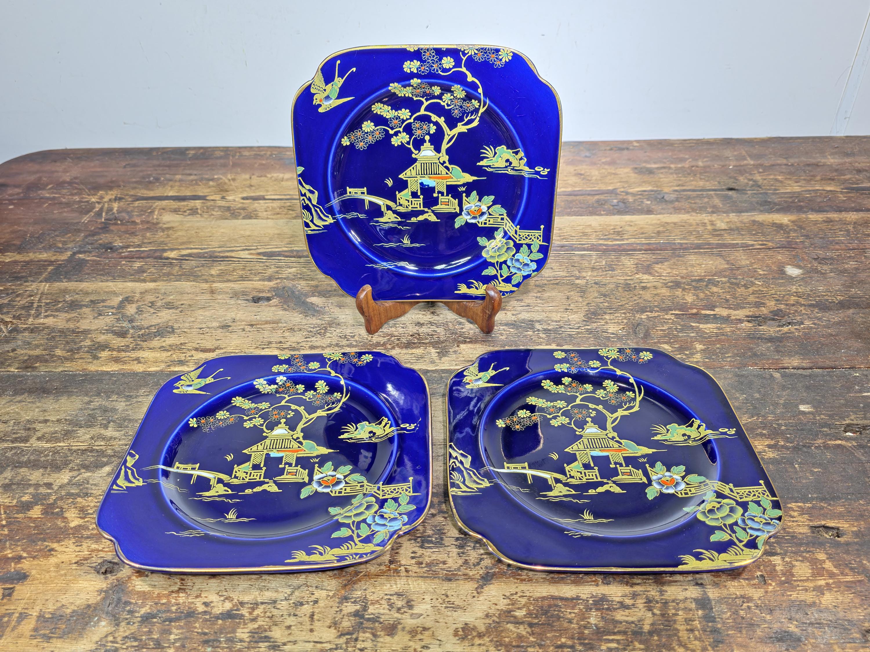 Burleigh Ware Cobalt Blue Gilt Cabinet Plates Set of 3 Crown Pottery England