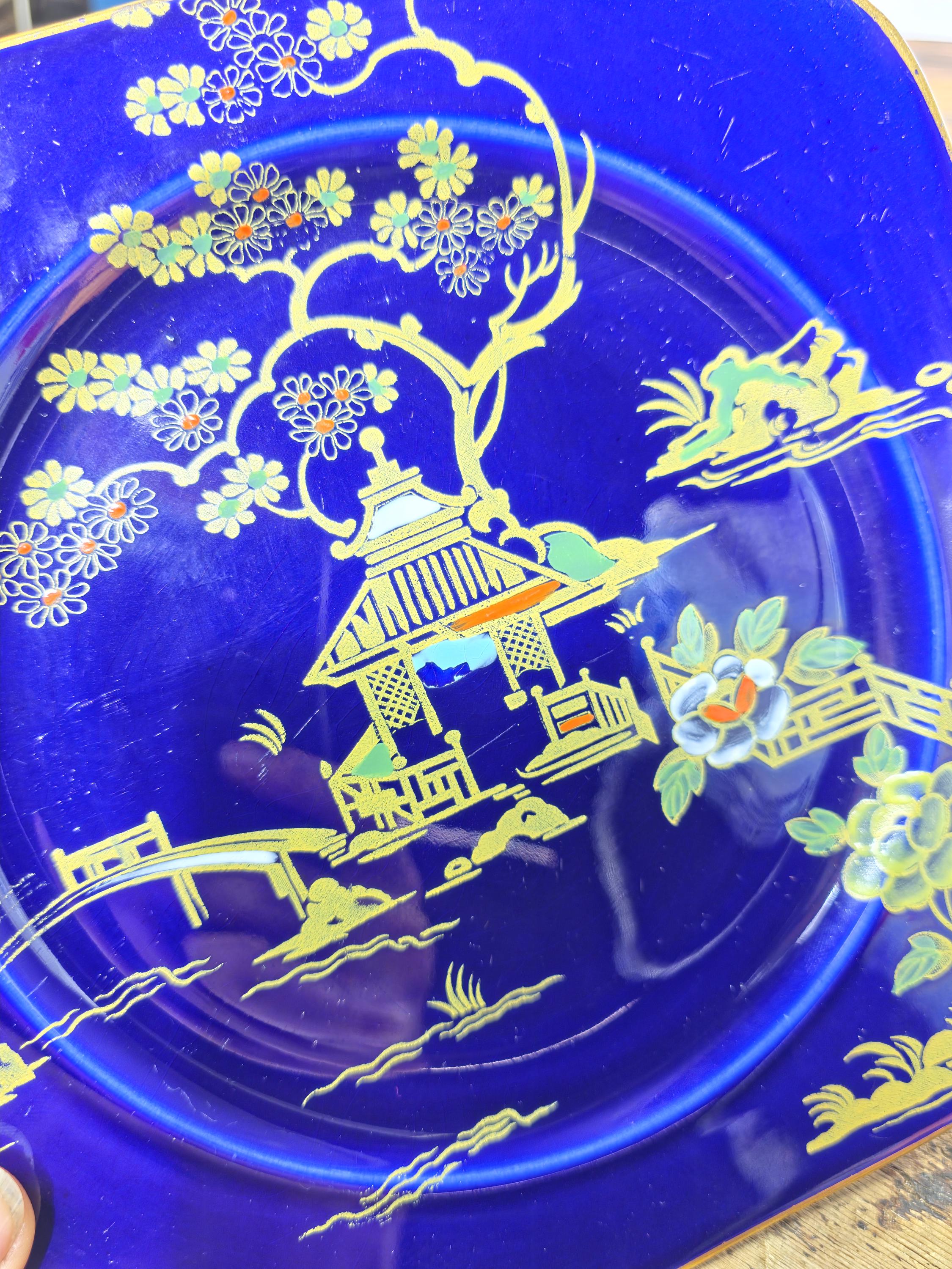 Burleigh Ware Cobalt Blue Gilt Cabinet Plates Set of 3 Crown Pottery England