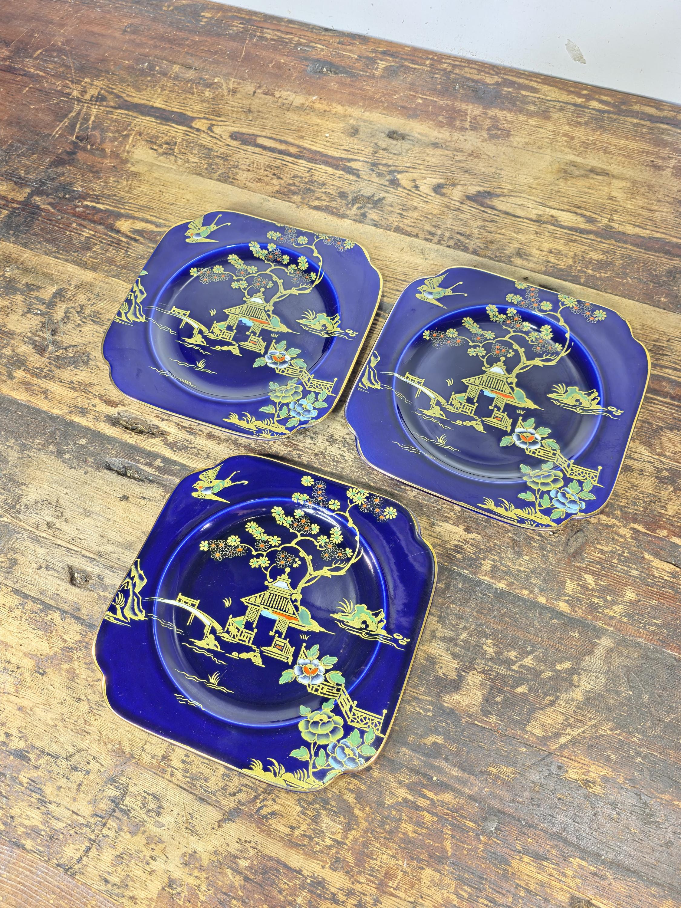 Burleigh Ware Cobalt Blue Gilt Cabinet Plates Set of 3 Crown Pottery England