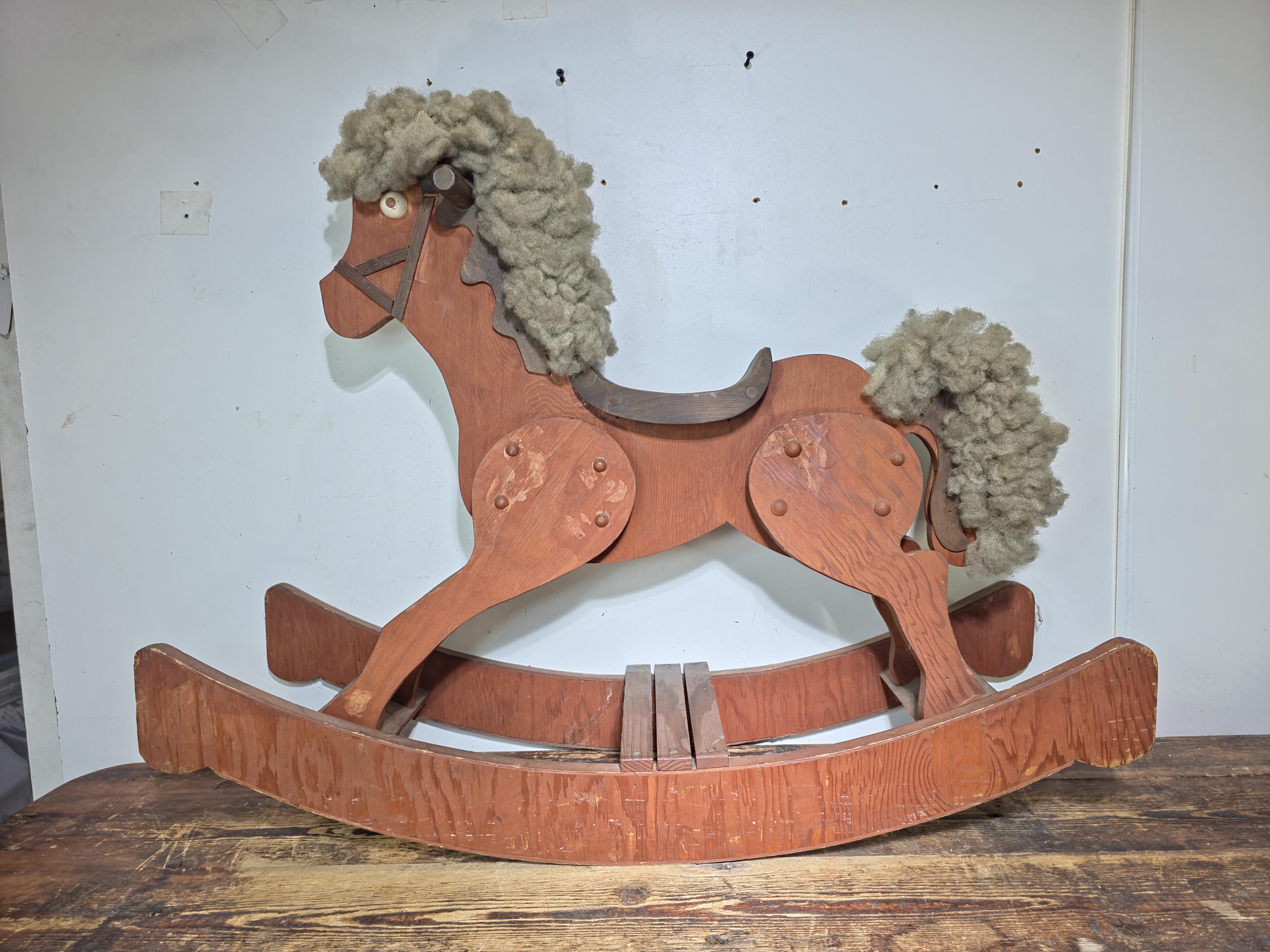 Large Wooden Rocking Horse with Wool Mane – Rustic Farmhouse Decor