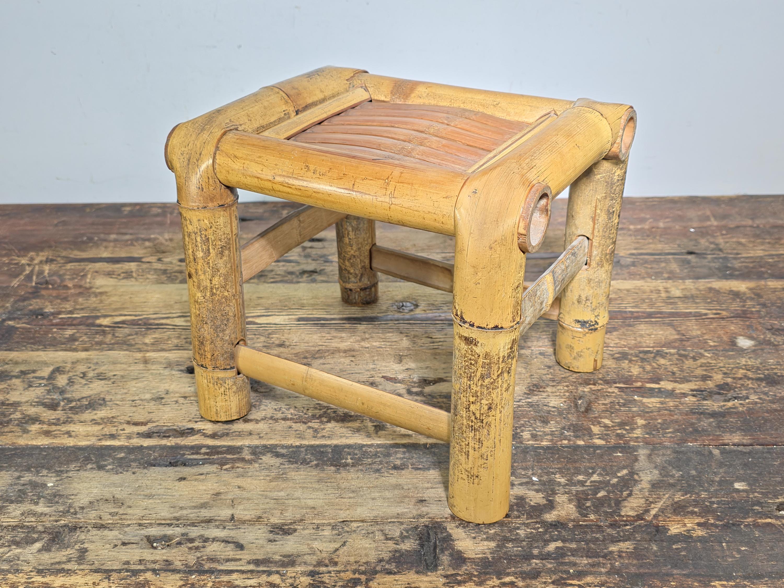 Vintage Boho Bamboo Footstool | Mid-Century Rattan Plant Stand | Tiki Decor