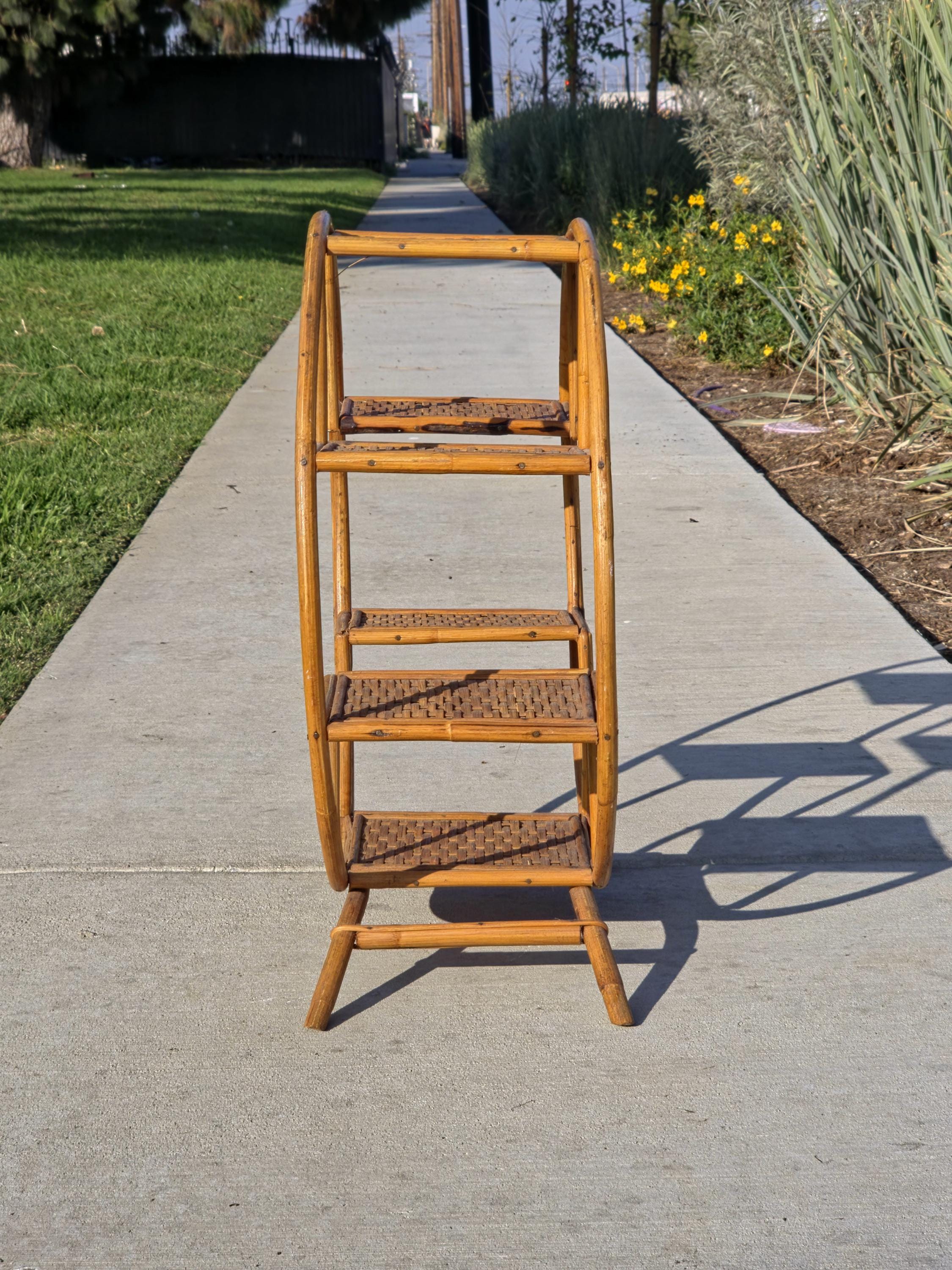 Rare 1930s-50s Boho Rattan Circle Shelf | 6-Tier Wicker Plant Stand Masterpiece