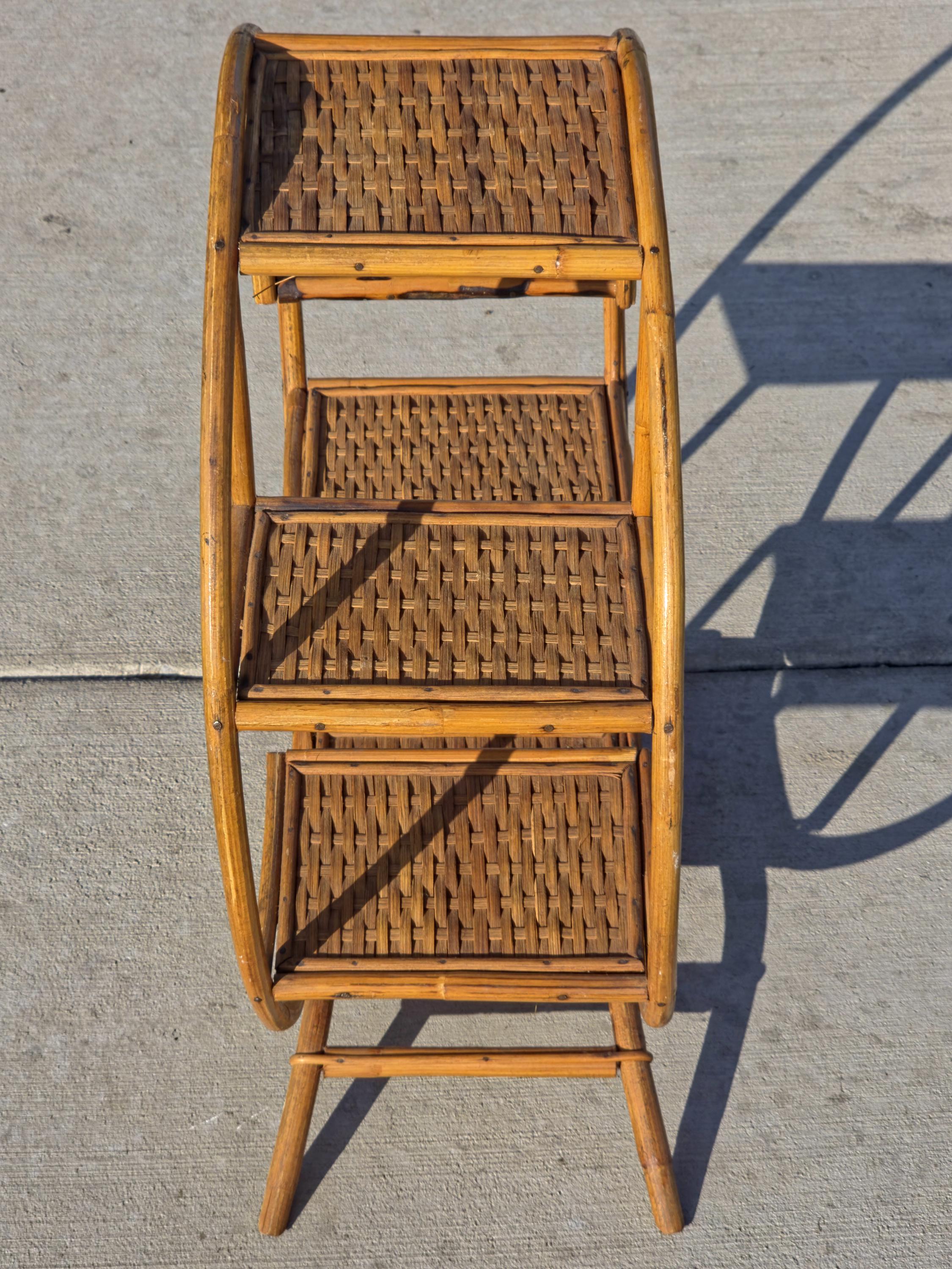 Rare 1930s-50s Boho Rattan Circle Shelf | 6-Tier Wicker Plant Stand Masterpiece