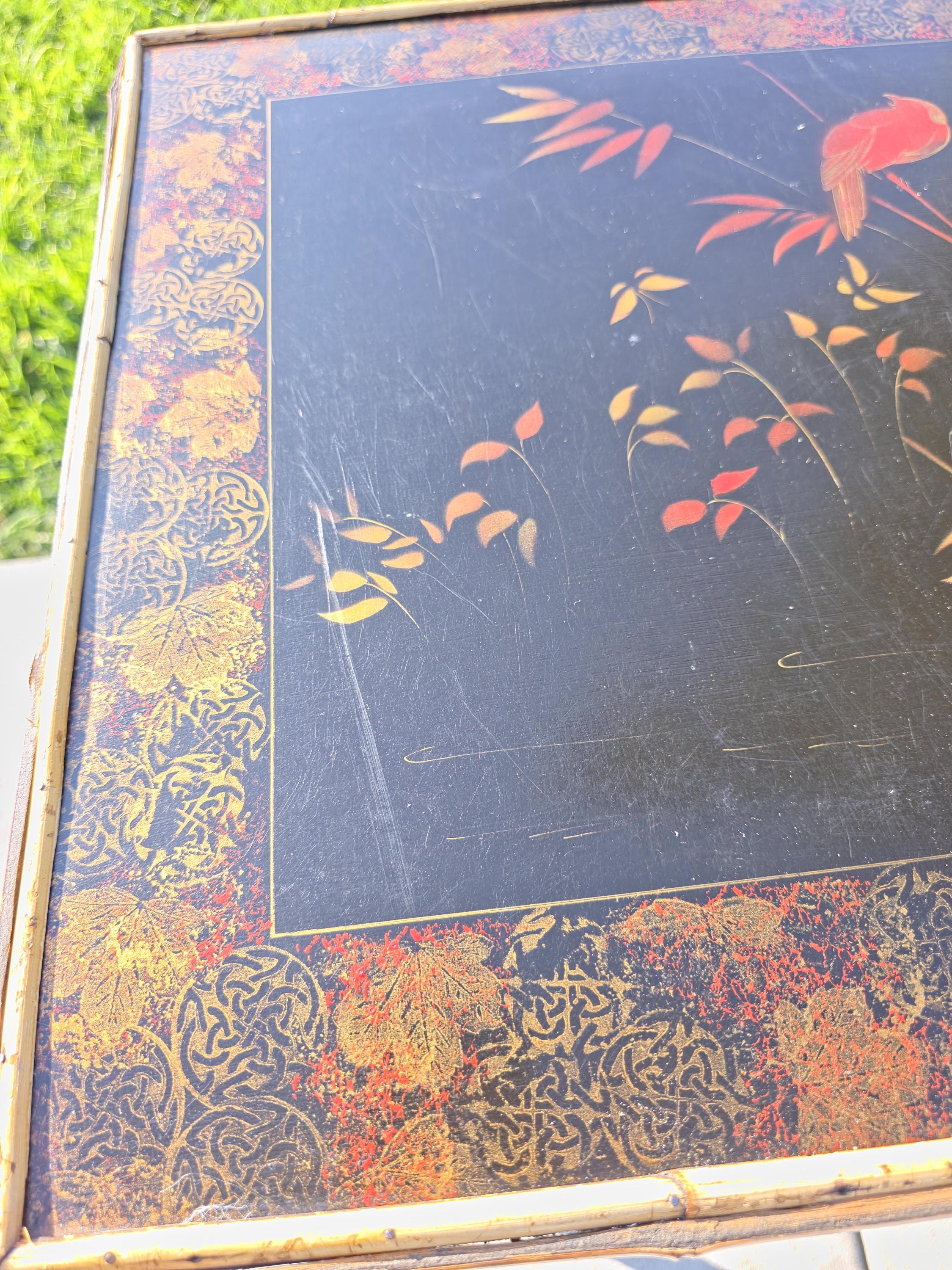 Rare Antique Chinoiserie Bamboo Table | Hand-Painted Lacquer Panels, c.1900