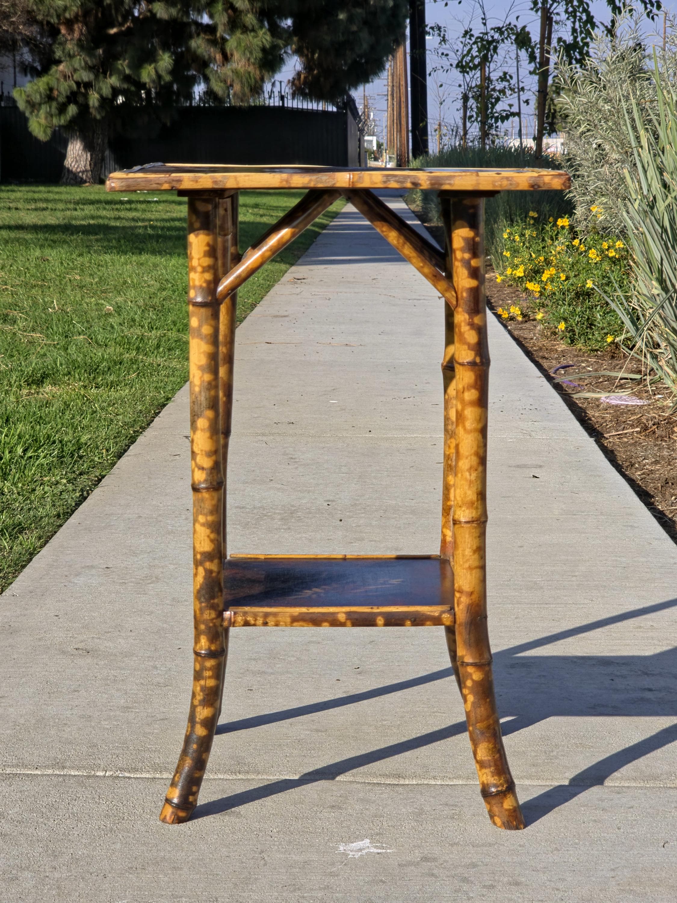 Rare Antique Chinoiserie Bamboo Table | Hand-Painted Lacquer Panels, c.1900
