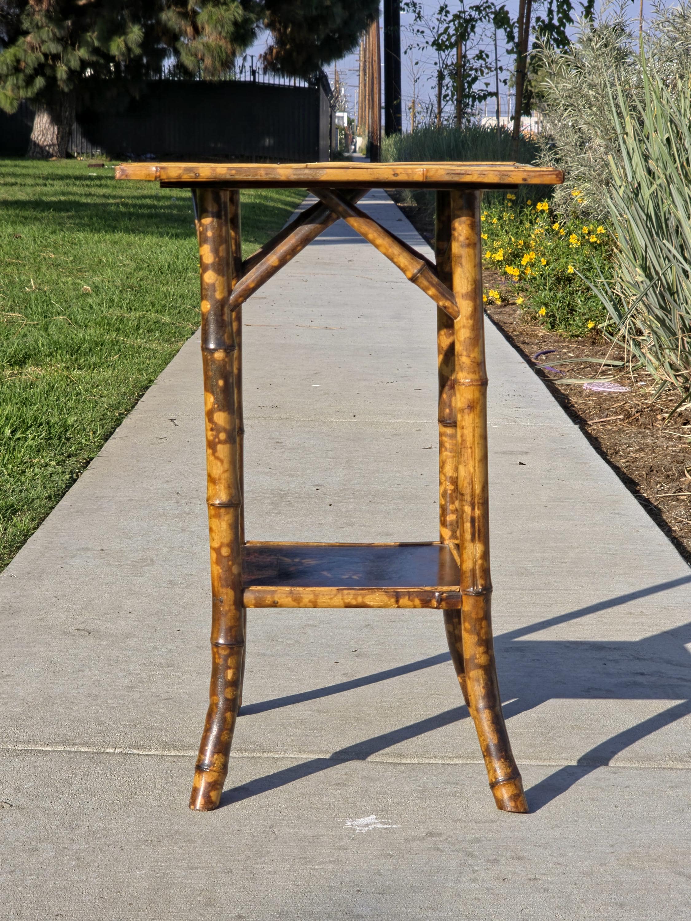 Rare Antique Chinoiserie Bamboo Table | Hand-Painted Lacquer Panels, c.1900