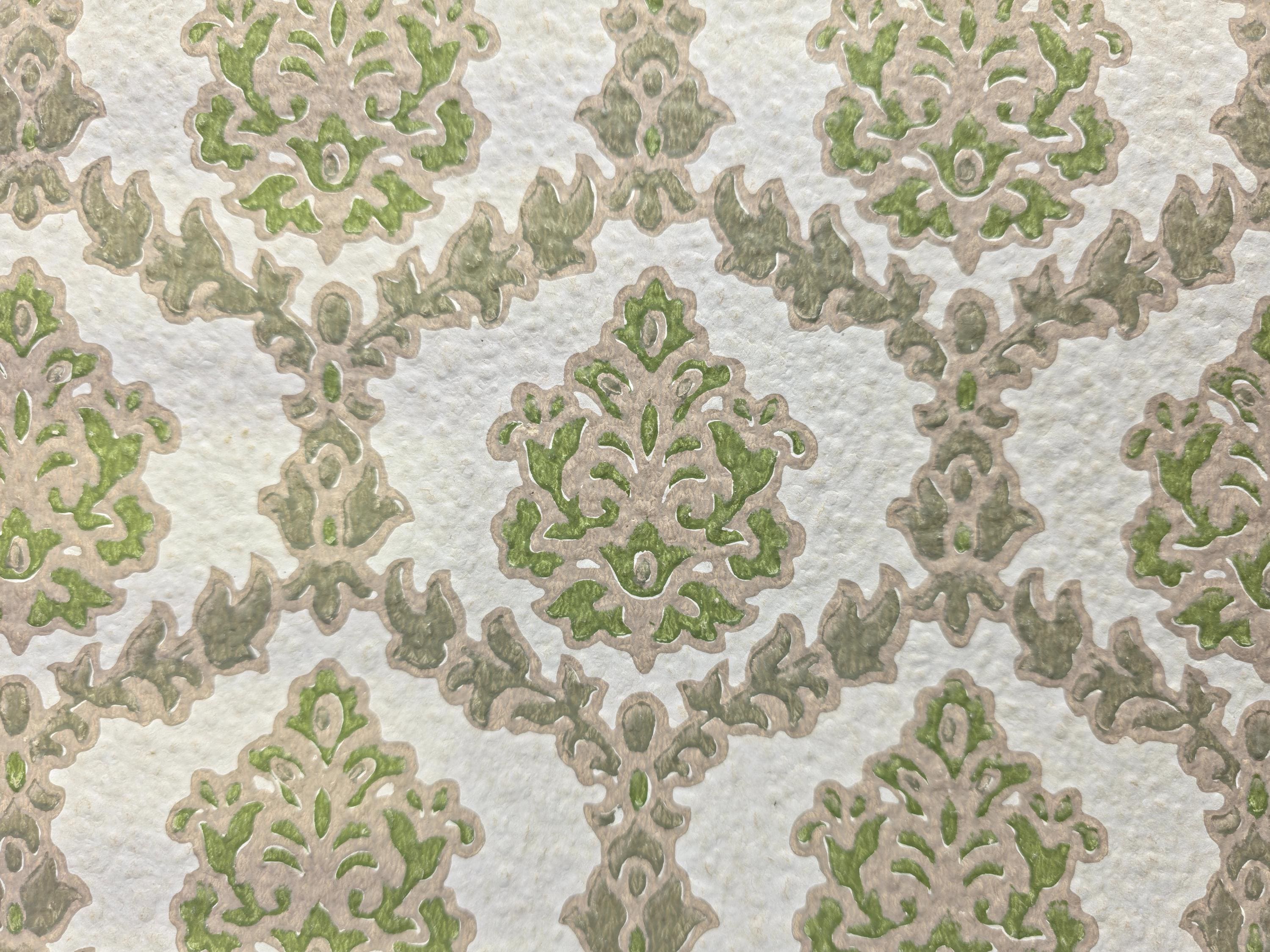 Authentic 1970s Vintage Wallpaper | Green & Gray Floral Geometric