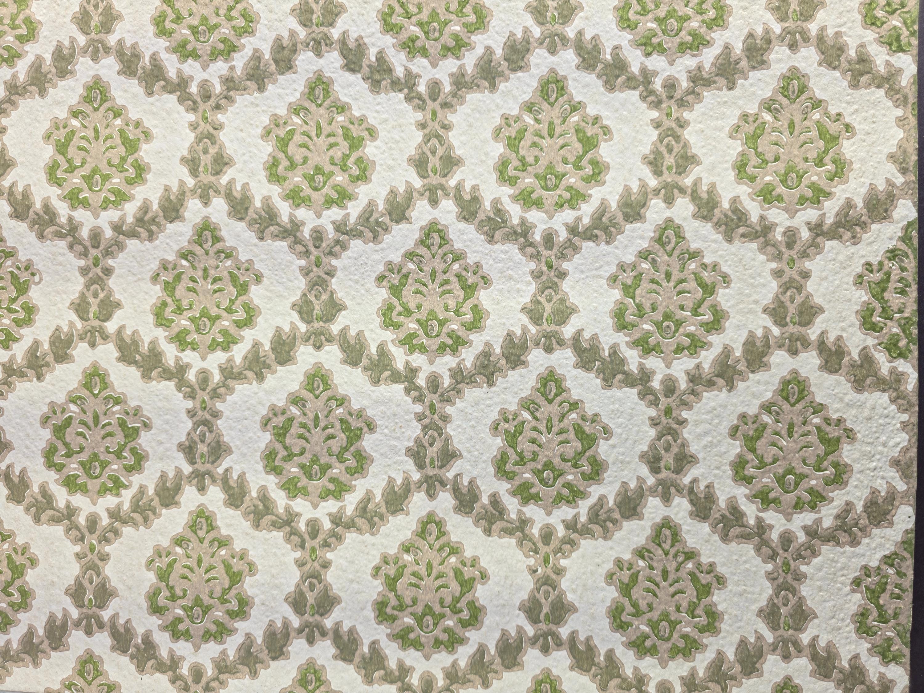Authentic 1970s Vintage Wallpaper | Green & Gray Floral Geometric