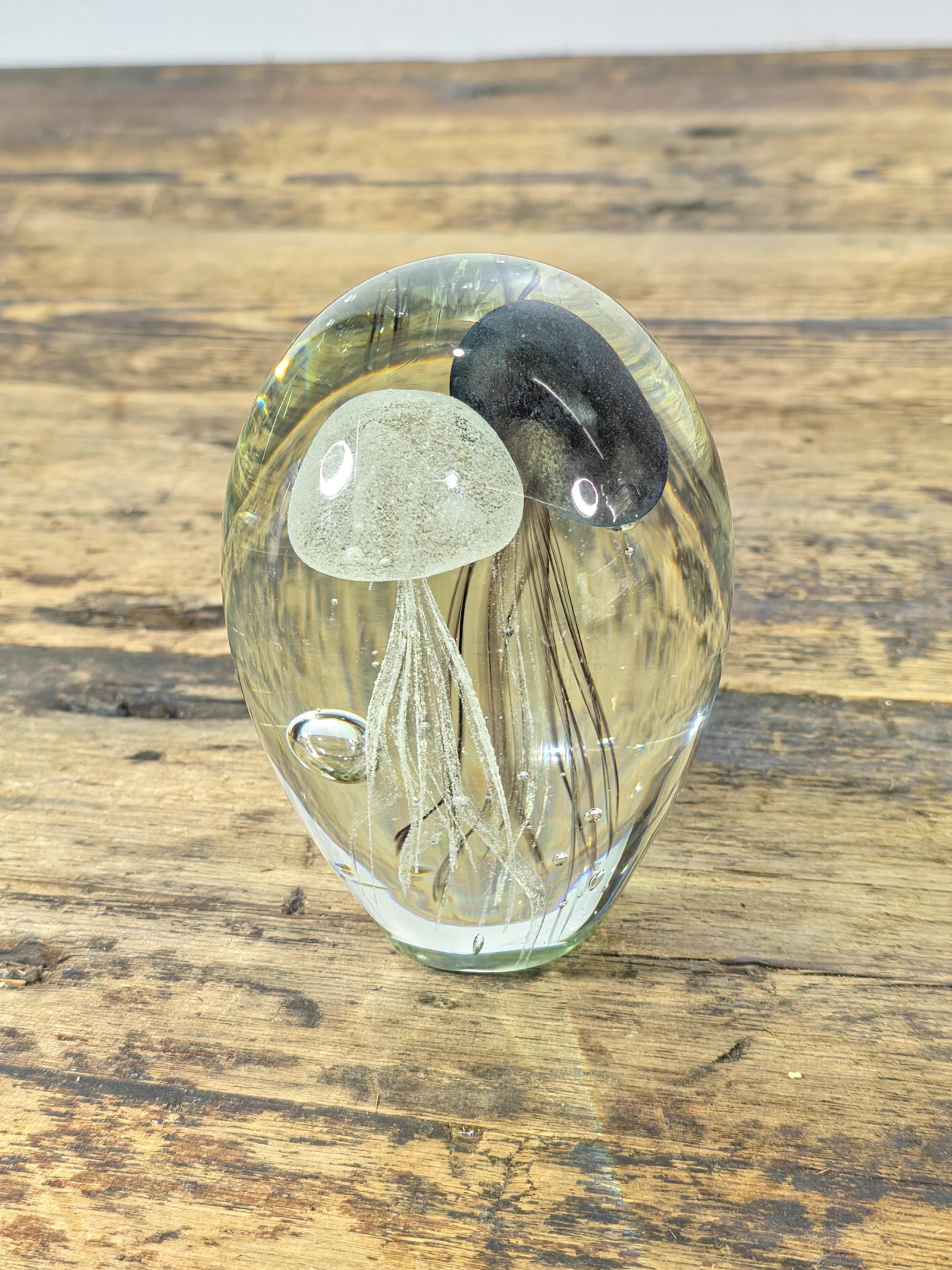 Hand-Blown Glass Jellyfish Paperweight | Clear Art Glass with Dual Jellyfish