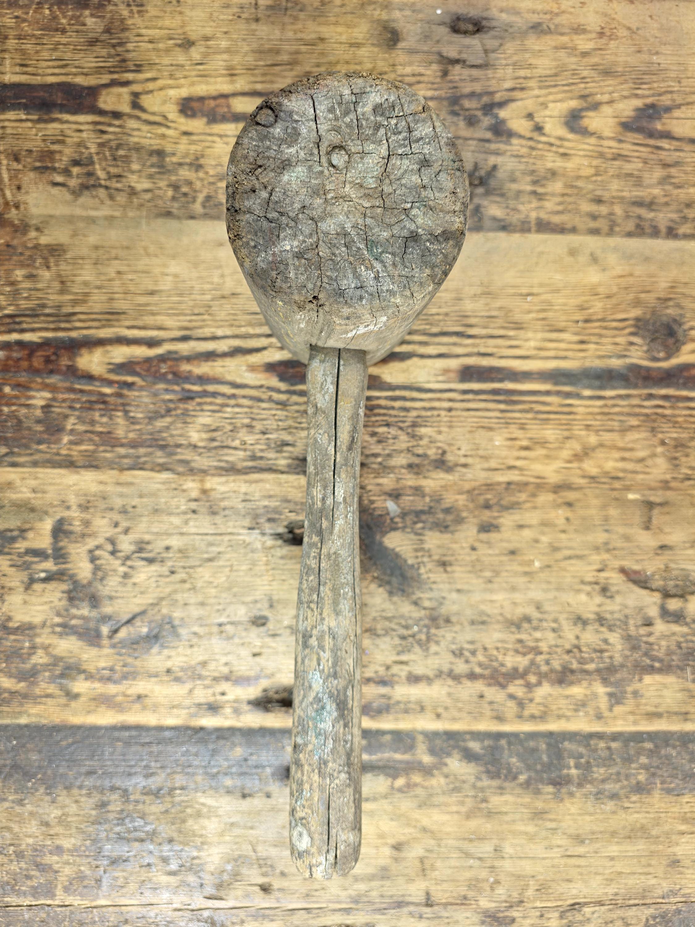 Antique Primitive Wooden Mallet | Rustic Farmhouse Tool with Authentic Patina
