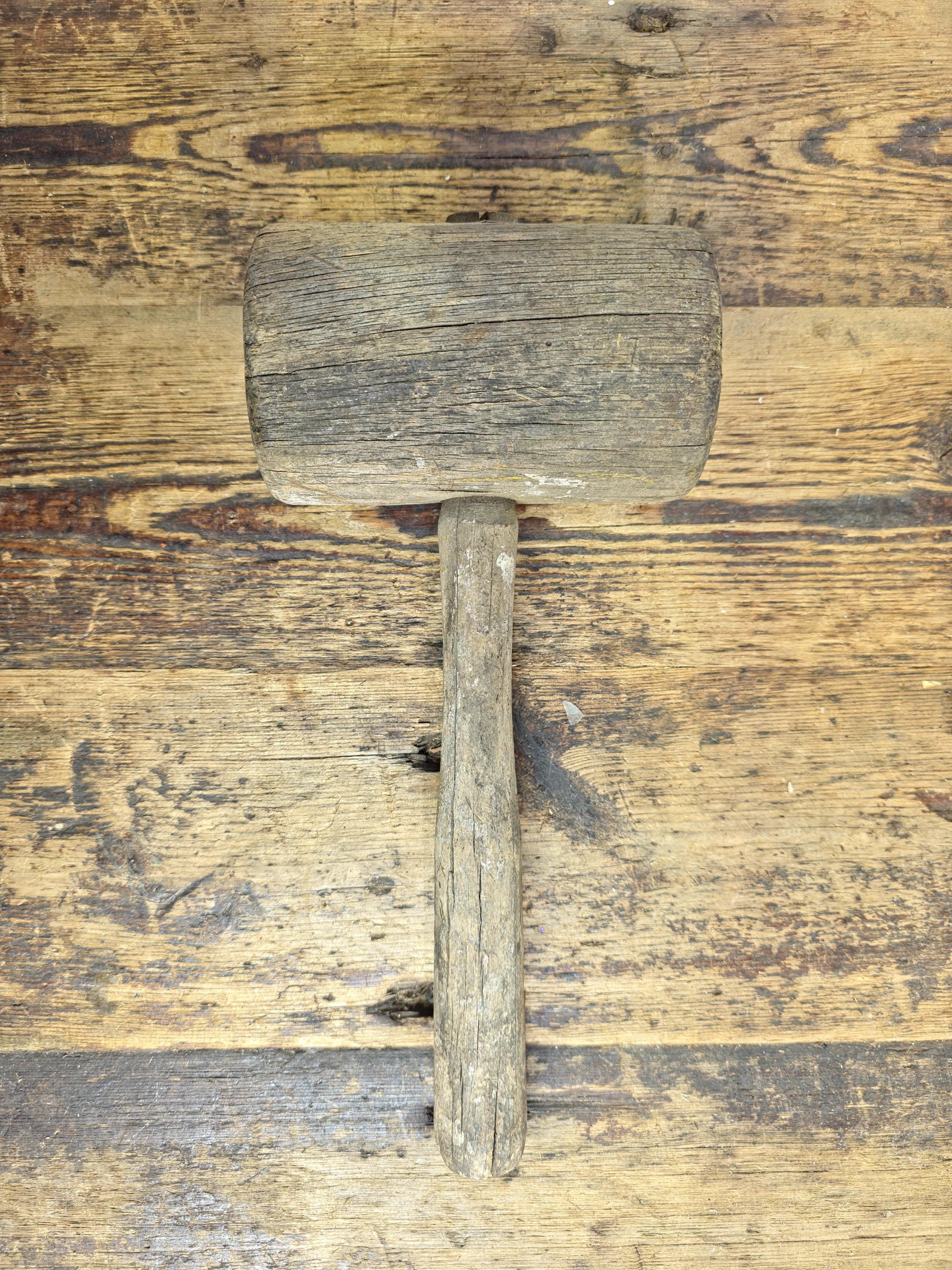 Antique Primitive Wooden Mallet | Rustic Farmhouse Tool with Authentic Patina